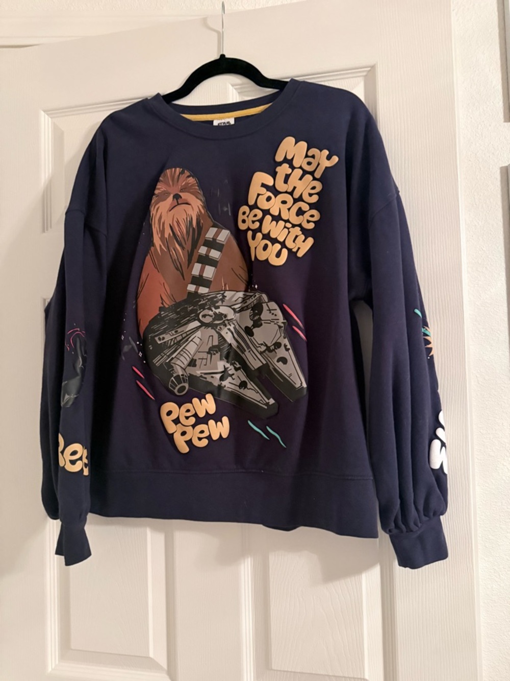 Star Wars Navy Crewneck Sweatshirt with Chewbacca & Millennium Falcon